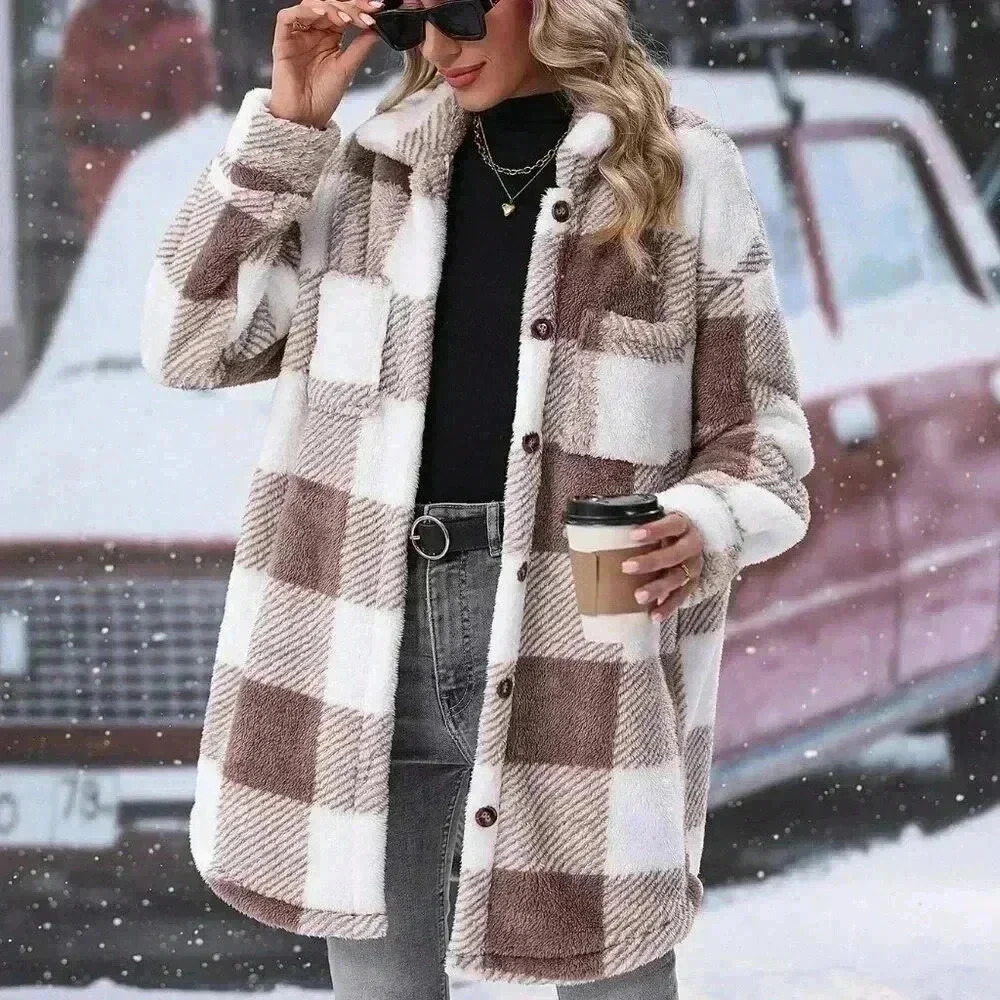 Multicolor Casual Women's Buffalo Plaid Pattern Drop Shoulder Teddy Coat